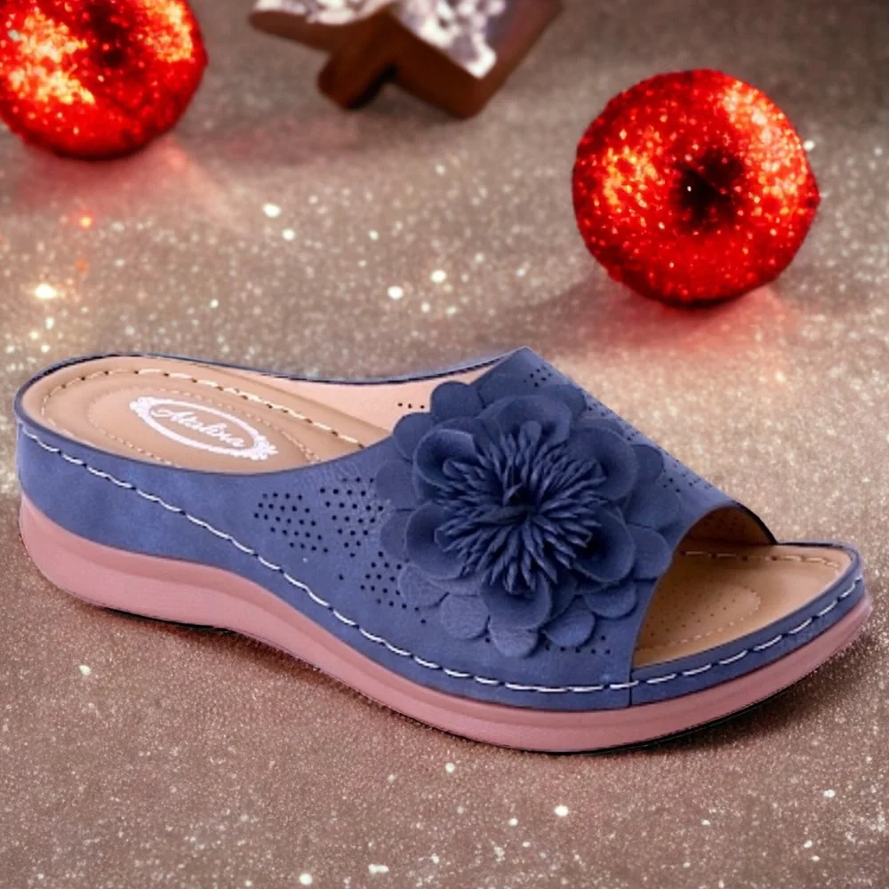 Italina Navy Blue Woven Pom Floral Rosette Padded Slide In Mule Sandal 10 - Picture 2 of 5